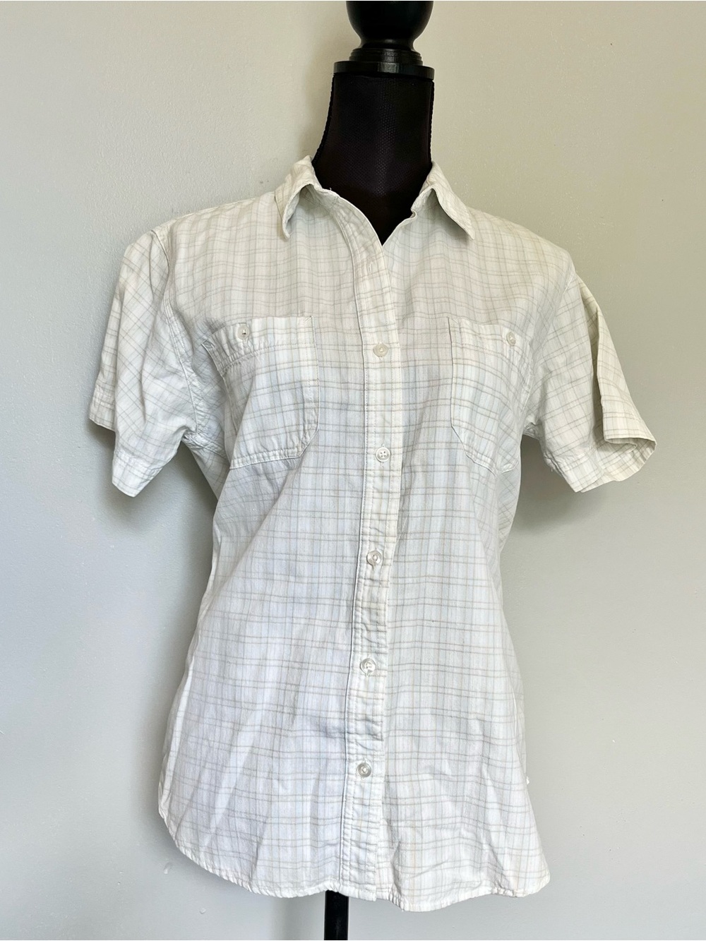 Cream neutral plaid short sleeve button down